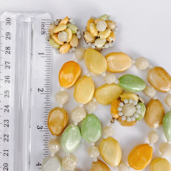 VTG Mid Century Necklace & Clip Earrings Set Beaded Pastel Stamped Hong Kong - Picture 7 of 12
